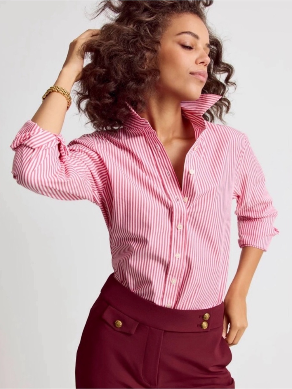The Shirt by Rochelle Behrens Pink & White Striped Button-Up Blouse